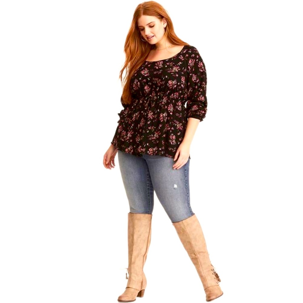 Torrid Floral Gauze Blouse 3X Tie Waist Keyhole Long Sleeve Boho Plus Size